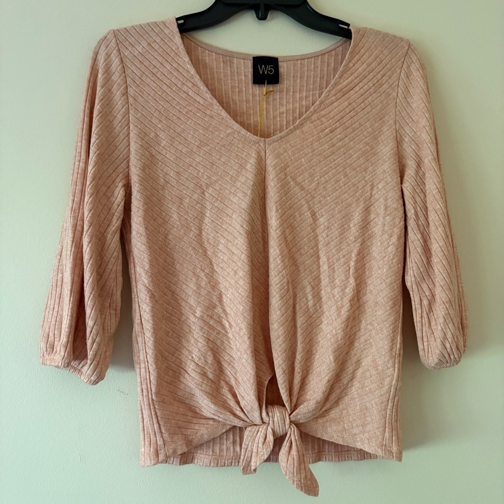 W5 Blush Pink Ribbed Tie Front V Neck 3/4 Sleeve Top Small NWT